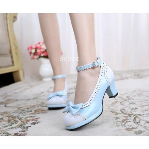 Japanese tea party sweet lolita shoes vintage round head thick heel 6cm women shoes cute lace bowknot kawaii shoes loli cosplay