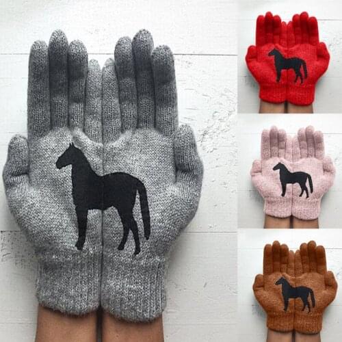 Womens Winter Thicken Warm Knitted Full Fingered Gloves Funny Black Horse Irregular Patchwork Palm Elastic Outdoor Ski