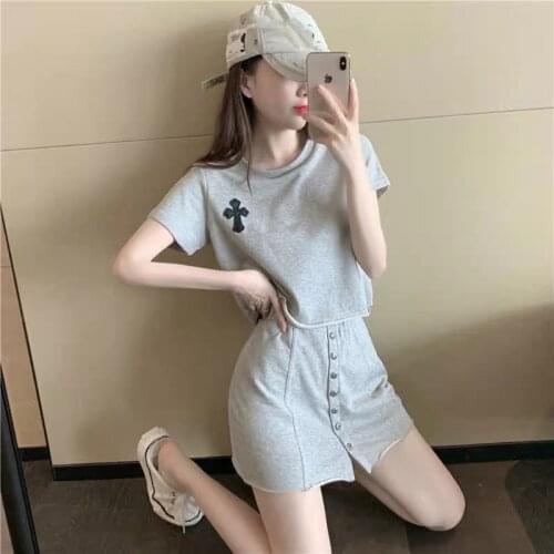 Slim Two Piece Set Women Skirt Korean Fashion Sport 2 Piece Sets 2021 Summer Dress Button Shorts Sets Solid Skirts KPOP Dress