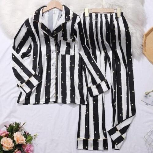 Women Striped Two Piece Suit Long Sleeve Pajamas Set Satin Silky Sleep Set Femme Pijamas Suit Casual Loungewear Loose Home Wear