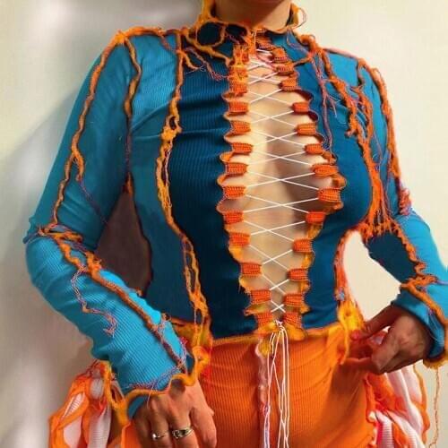 Patchwork Sexy Hollow Out Women Tie Front Top Long Sleeve Hot Bodycon Club Birthday Ribbed Cropped T Shirts Autumn 2020