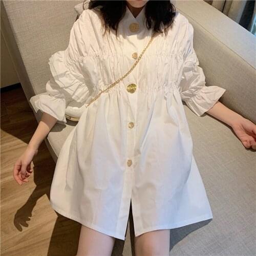 Long sleeve white cotton mini dress Women office lady pleated blouse shirt dress spring loose elegant short dresses