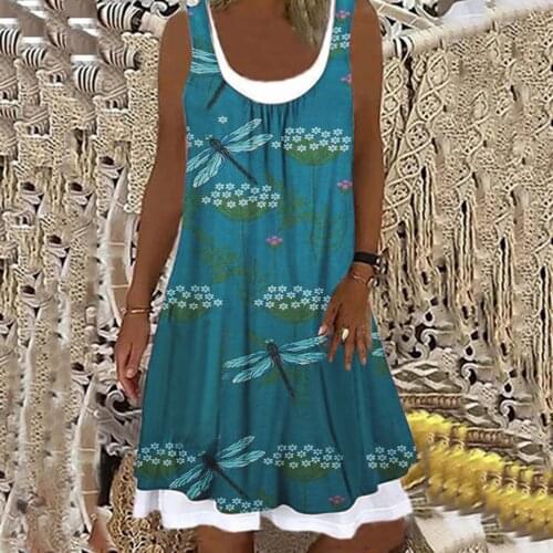 #L5 Fake Two Pieces Sleeveless Tank Dress Women Floral Print Retro Dress Summer Boho Dresses For Women Casual Sundress Vestidos