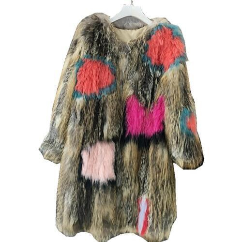 Lady Real Knitted Multi Color Fox Fur Coats Jacket Autumn Winter Genuine Women Fur Trench Outerwear Coats LF4209