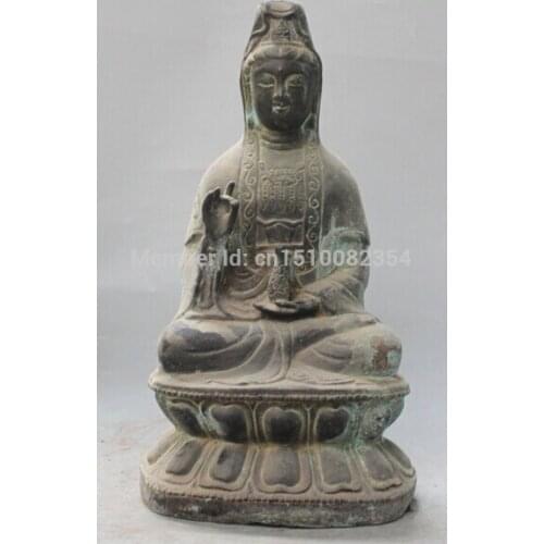 11" Marked Chinese Bronze Gilt Seat Lotus Kwan-yin Shakyamuni Buddha Vase Statue