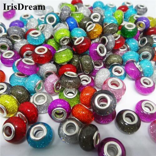 20Pcs/Lot Mixed Color Round Shape Gold Powder Plastic Resin Murano Beads Charms Fit DIY Pandora Bracelet For DIY Jewelry Making