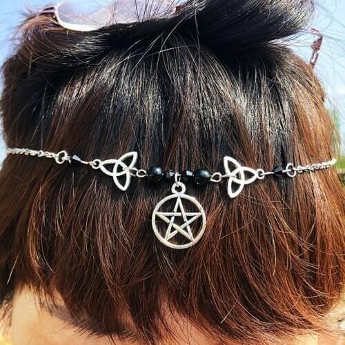 Gothic Wizard Pentagram Head Chain for Women Girls Retro Silver Color Pagan Mysterious Irish Knot Hair Ornament Jewelry VGH010