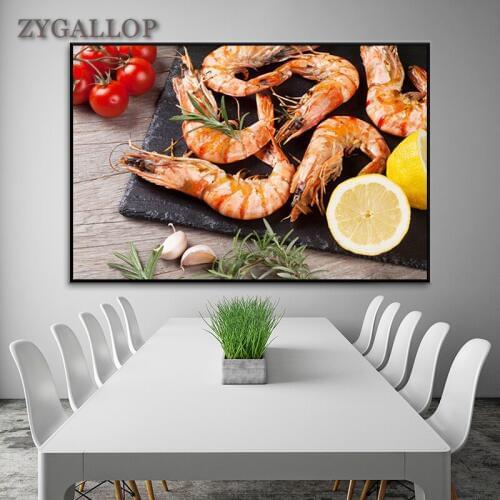Delicious Food Canvas Painting Shrimp and Lemon Wall Paintings For Restaurant Kitchen Decoration HD Food Pictures Print Posters