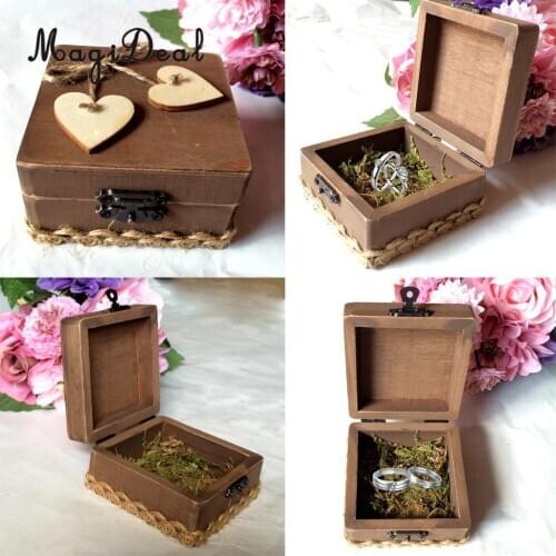 MagiDeal Wooden Ring Box Ring Holder with Heart Pieces Wedding Party Ring Bearer Box Moss Ring Pillow Love Gift Box
