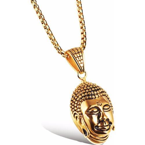 Mens Stainless Steel Buddhist Buddha Head Pendant Necklace High Polished Jewelry
