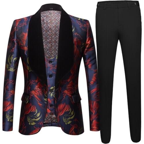 Mens jacquard Black-collar Suit Men Slim Fit Single Button 3 Piece SuitMen Wedding Groom Tuxedo Suits Costumes