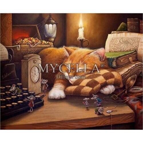 5D Diamond Painting Kit Cute Funny Sleeping Cat Animals Diamond Embroidery Cross Stitch DIY Mosaic Full Wall Decor Canvas Art