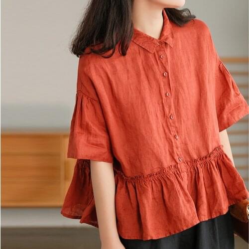 NINI WONDERLAND New 2021 Summer Linen Casual Shirts Women Turn Down Collar Ruffles Blouse Tops Short Sleeve Vintage Loose Shirt