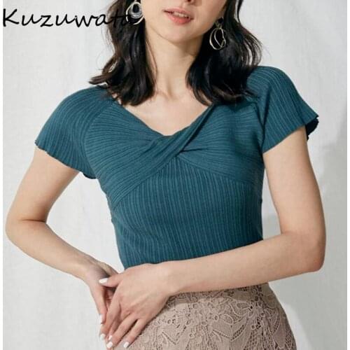 Kuzuwata 2021 Early Autumn New Knitted Pullover V Neck Knot Short Sleeve Slim Sweater Multi Wear Fashion Sweet Women Jumpers