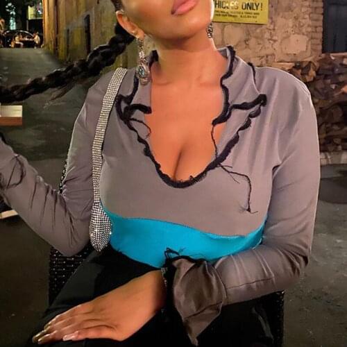 2020 Autumn Patchwork Long Sleeve T-Shirt V-Neck Sexy Party Club Bodycon Womne Top New Fashion Casual Streetwear Shirt