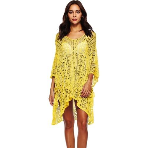 Summer Women Hollow Out V Neck Batwing Sleeve Irregular Beach Girls Crochet Dresses Yellow Blouse Dress Sexy Ladies Beachwear