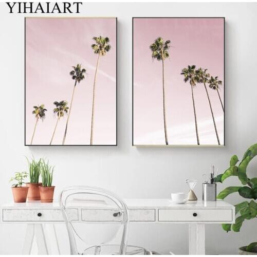 Scandinavian Palm Tree Canvas Wall Art Print Painting Nordic Pink Sky Landscape Poster Holiday Picture Modern Home Decoration