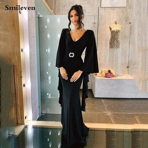 Smileven Arabic Mermaid Evening Dresses Sexy V-neck Elastic Satin Prom Dress Crystal Sash Long Formal Party Gowns