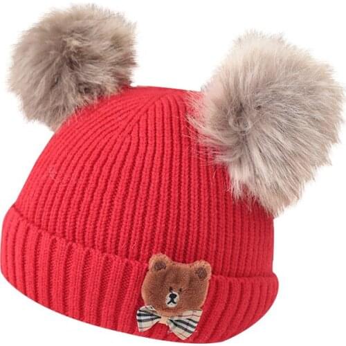 Baby Boys Girls Knitted Cap Kids Children Winter Warm Double Furry Balls Pompom Hat Cute Woolen Bear Beanies for Toddler 4-18M