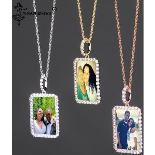 Custom Made Photo Square Medallions Solid Back Pendant & Necklace With Rope Chain Cubic Zircon Mens Hip Hop Jewelry Gift 2020