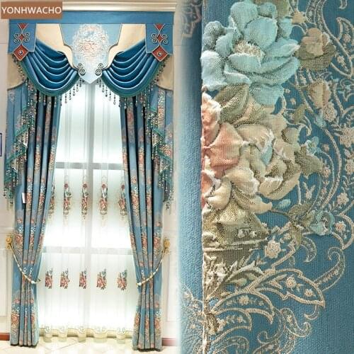 Custom curtain luxury chenille jacquard American chenille jacquard blue green cloth blackout curtain valance tulle panel C690
