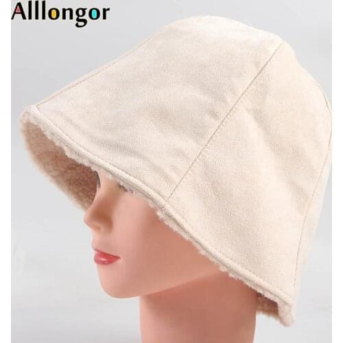 New 2021 Winter Women‘s Bucket Hat Lamb Plush Wool Warm Faux Fur Panama Fisherman Hats And Scarf Set Autumn Korean Fishing Caps