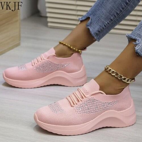 Women Sneakers 2021 Summer Plus Size 43 Breathable Knitted Womens Running Shoes Vulcanized Shoe Rhinestone Casual Lace Up New