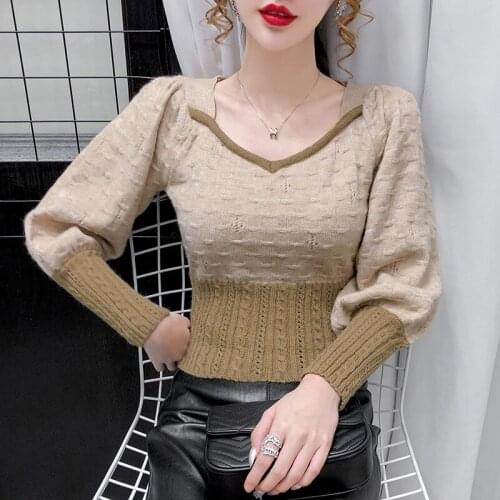 2020 New Autumn Winter Korean Fashion V-Neck All-Match Pullover Sweater Short Loose Long Sleeve Retro Knit Sweaters Female A255