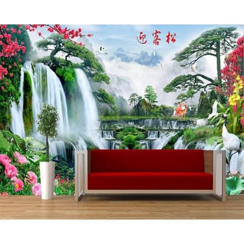 Custom 3D Mural Wallpaper pine mountain plum blossom peony waterfall background wall 3d wallpaper papier peint Beibehang