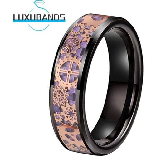6MM Womens Tungsten Ring Black Beveled Engagement Bands Rose Gold Gears Purple Carbon-Fiber Inlay Polished Finished Comfort Fit