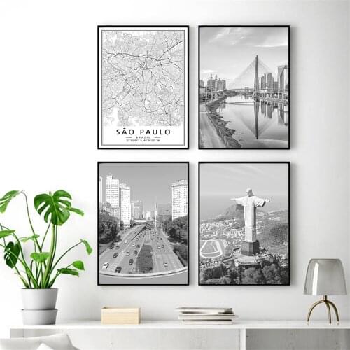 Black White Brazil Sao Paulo Map City Scene Christ Statue Poster Wall Art Canvas Paintings Print Pictures Living Room Home Decor
