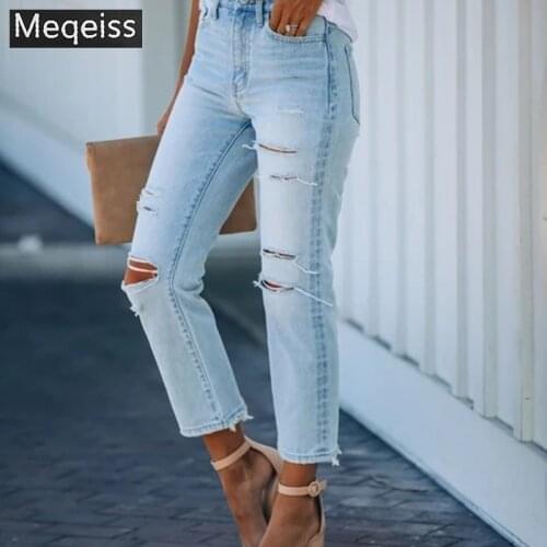 New women Ripped mom jeans Faded high-waist jeans five-pocket design front ripped detailing zip fly metal top button fastening
