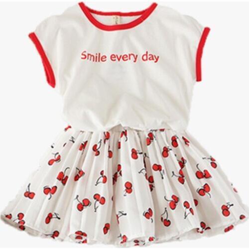 2019 Kids girls new summer casual letters cotton T-shirt + cute floral print pleated skirt clothing sets 2-7 years