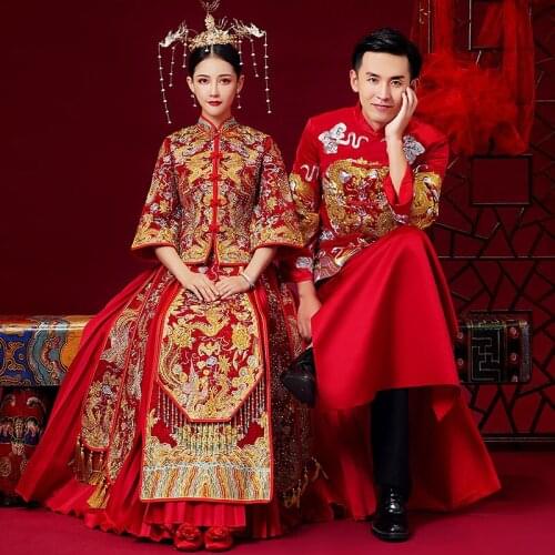 FZSLCYIYI Chinese Bride Wedding Dress Classic Dragon Embroidery Tailing Cheongsam Marriage Suit Traditional Qipao Vestidos