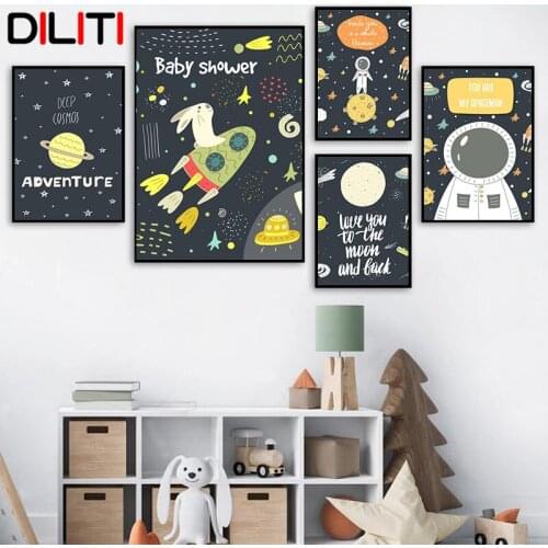 Cartoon Planet Astronaut Canvas Painting for Baby Boy Room Nursery Wall Art Nordic Space Rocket Posters and Prints Pictures