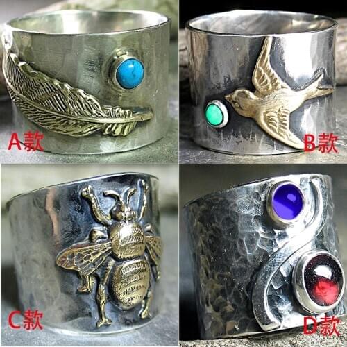 New 18k two-tone bee ring, Bird Feather Horse Sunflower Flower Turquoise Man and woman ring