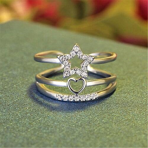 Fashion Simple 3 Laye Star Heart Zircon Rings for Cocktail Party Womens Silver Plated Rings Wedding Jewelry Fine Rings Gifts