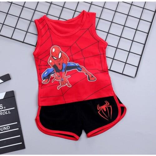 Disney Marvel Spider-Man The Avengers Summer Kid Suit Handsome Boy Cartoon Sleeveless Shorts 2-piece Mask Basketball Pants