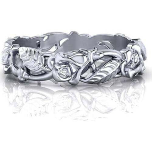 Fashion retro flower leaf womens Ring Silver Color Engagement Ring Size 6-10