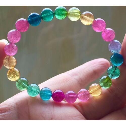 Genuine Natural Rainbow Colorful Tourmaline Bracelets For Women Lady Stretch Healing Crystal Round Bead Bracelet 8mm AAAAA