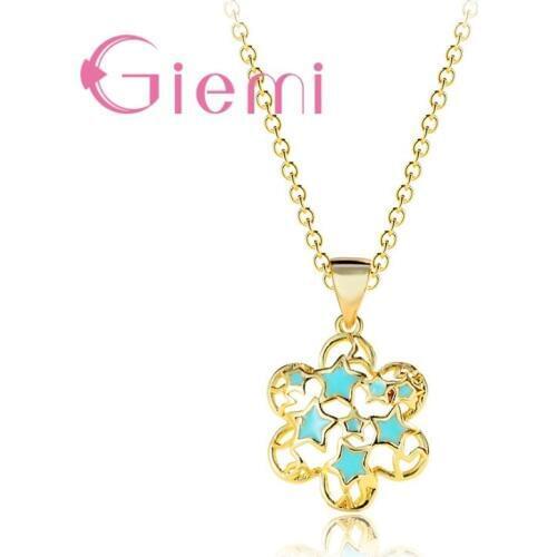 Fancy 24K Gold Hollowing Pendant Necklace with Light Blue Enamel Stars 925 Sterling Silver Girls Women Party Jewelry