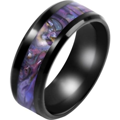 2021 new fashion personality jewelry black stainless steel purple colorful shell couple ring