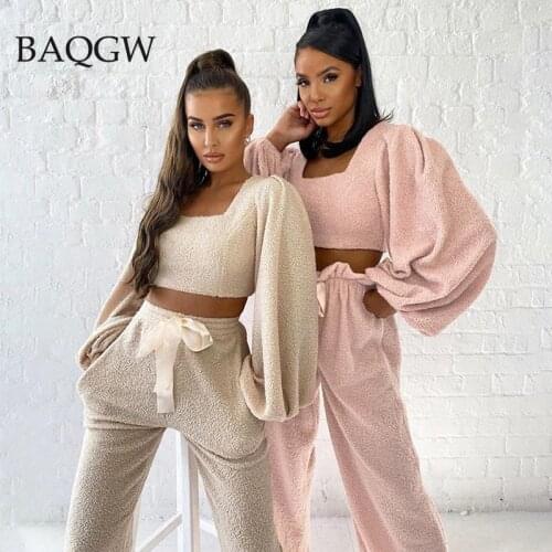 Autumn Teddy Fur Warm 2 Piece Sets Streetwear Lantern Sleeve Tshirt Bow Tie Pants Winter Two Piece Set Tracksuit Casual Outfits