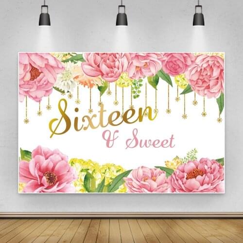 Pink Sweet 16th Birthday Party Princess Flowers Gold Dots Banner Portrait Photo Background Photography Backdrop Photo Studio