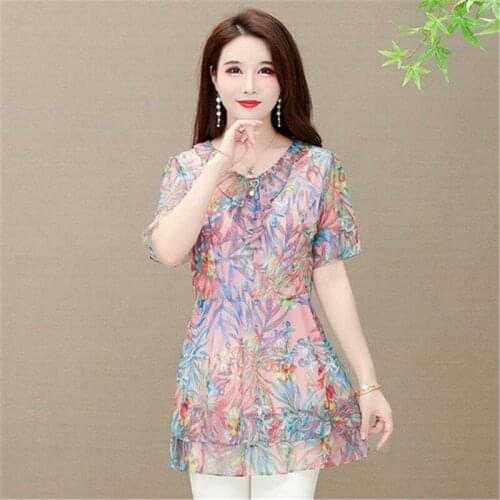 Chiffon Blouse Shirts Women Summer Flare Sleeve Cute Sweet Office Lady Work Floral Printed Tunic Peplum Top Blouse