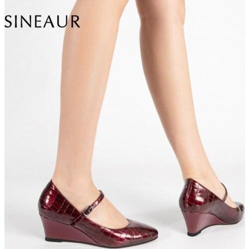 SINEAUR Women Shoes Fashion Low Mid-heel Pumps Wedge Heels Round Toes Patent Leather PU Mary Jane Office Ladies Plus Size 35-45