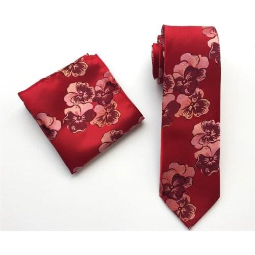 Unique Design Mens Necktie Set Red Flowers Floral Ties with Pocket Square