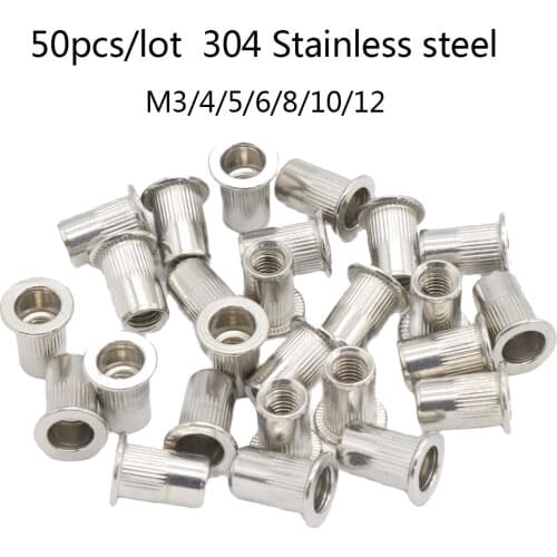 50 pcs/lot Stainless Steel Rivets Nuts Insert Flat Head Threaded Nut sert Cap for Riveter Riveting Nut Gun Tools Rustproof