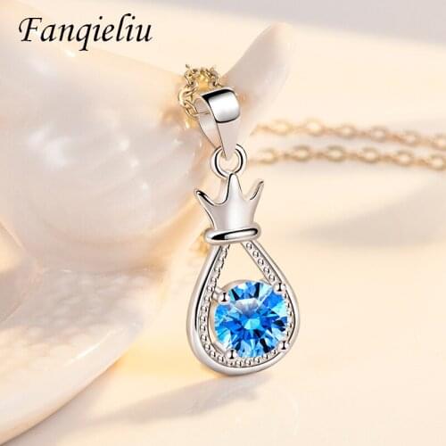 Fanqieliu Girls Birthday Gift Blue Crystal Crown Pendants 40&45CM Chain 925 Sterling Silver Pendant Necklace For Women FQL21339