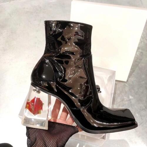 2021 New Fashion Rose Transparent Heel Women Ankle Boots Square Toe 8CM High Heel Boot Black Patent Leather Botas Mujer